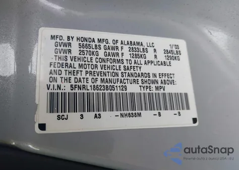 2003 Honda Odyssey Ex from USA, damaged, VIN 5FNRL18623B051129
